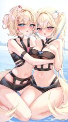 2girls absurdres animal_ear_fluff animal_ears blonde_hair blue_eyes blue_streaks blush breasts commentary day dog_ears dog_girl dog_tail english_commentary fuwawa_abyssgard hair_ornament highres hololive hololive_english holonatsu_paradise hug kuroimill large_breasts long_hair looking_at_viewer mococo_abyssgard multiple_girls navel open_mouth outdoors pink_eyes pink_streaks seiza short_hair siblings sisters sitting small_breasts tail twins virtual_youtuber x_hair_ornament