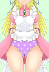 1girl absurdres apron blonde_hair blush clothes_lift commission dress dress_lift eyes_out_of_frame gloves head_out_of_frame highres lifting_own_clothes lilith_aileron long_hair panties pink_dress polka_dot polka_dot_panties purple_panties ribbon short_hair shu~~n simple_background skirt skirt_lift smile solo tales_of_(series) tales_of_destiny underwear very_short_hair white_background white_polka_dots