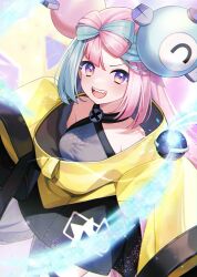 1girl :d aqua_hair bare_shoulders blue_hair bow-shaped_hair breasts character_hair_ornament commentary_request creatures_(company) game_freak grey_pantyhose grey_shirt hachimitsu_monte hair_ornament hands_up hexagon_print holding holding_tera_orb iono_(pokemon) jacket long_hair long_sleeves looking_at_viewer low-tied_long_hair multicolored_hair nintendo open_mouth oversized_clothes pantyhose pink_hair pokemon pokemon_sv purple_eyes sharp_teeth shirt signature single_leg_pantyhose sleeveless sleeveless_shirt sleeves_past_fingers sleeves_past_wrists smile solo split-color_hair star_(symbol) star_print teeth tera_orb thigh_strap tongue upper_teeth_only v-shaped_eyebrows very_long_sleeves x yellow_jacket