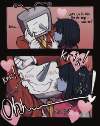1boy 1other absurdres ant_tenna arms_up black_hair blue_skin blush colored_skin crt deltarune english_text gloves hand_on_another&#039;s_face heart highres jacket kris_(deltarune) licking licking_screen looking_at_another minominoks necktie object_head pointy_nose red_jacket smile white_gloves yellow_necktie