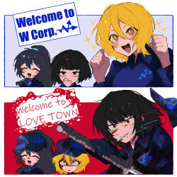 Rule 34 | 1boy, 2girls, :d, baseball cap, black hair, blonde hair, blood, blood on clothes, blood on face, blue hair, bob cut, cigarette, closed eyes, don quixote (project moon), english text, hat, high ponytail, highres, holding, holding sword, holding weapon, hong lu (project moon), limbus company, multiple girls, nakame77, ootachi, open mouth, ponytail, project moon, red eyes, ryoshu (project moon), smile, smoking, star (symbol), sword, weapon, yellow eyes
