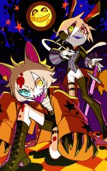 1boy 1girl absurdres animal_ears blonde_hair blood blue_sclera boots cat_boy cat_ears cat_tail coat colored_sclera full_body full_moon green_eyes highres holding holding_sword holding_weapon looking_at_viewer mismatched_pupils mismatched_sclera momomo_906 moon nosebleed on_one_knee orange_coat original oversized_forearms oversized_limbs sharp_teeth shirt short_hair shorts star_(symbol) stitched_face stitches striped_clothes striped_shirt suspender_shorts suspenders sword tail teeth tongue tongue_out weapon yellow_eyes