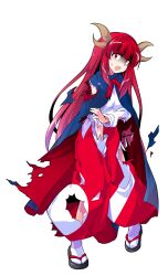 1girl black_sandals blue_cloak blunt_bangs breasts cloak commentary_request dairi full_body gloom_(expression) highres holding_own_arm horns large_variant_set long_hair long_sleeves looking_at_viewer open_mouth red_eyes red_hair red_skirt sandals shingyoku_(female) shingyoku_(touhou) shirt simple_background skirt socks solo standing sweatdrop tachi-e torn_cloak torn_clothes torn_shirt torn_skirt touhou touhou_(pc-98) transparent_background variant_set white_shirt white_socks