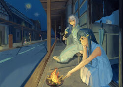 Rule 34 | 2girls, a.i. voice, absurdres, alternate costume, blonde streaks, blue eyes, blue hair, blue ribbon, blunt bangs, brooch, cevio, closed mouth, collared dress, crossed legs, dress, e, elbow rest, fire, firewood, fireworks, futaba minato, green eyes, grey hair, hair ornament, hairclip, hand fan, hand on own cheek, hand on own face, highres, holding, holding fan, incense burner, japanese clothes, jewelry, kimono, long hair, looking at object, mailbox (incoming mail), medium hair, mosquito coil, multicolored hair, multiple girls, night, noren, obi, obijime, obon, outdoors, paper fan, people, petrasche (kunio miracle), pleated dress, ribbon, road, sandals, sash, single hair intake, sitting, sleeveless, sleeveless dress, sliding doors, smile, squatting, streaked hair, street, swept bangs, tsunose kotone, uchiwa, umbrella, underlighting, white dress, wide sleeves, zouri