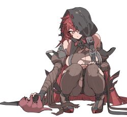 1girl ass bare_shoulders black_gloves breasts cleavage fingerless_gloves gloves happening18 highres hood large_breasts long_hair monster open_mouth original pants red_eyes red_hair simple_background solo squatting torn_clothes torn_pants very_long_hair white_background