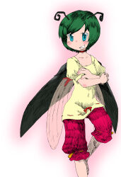 Rule 34 | 1girl, alternate costume, antennae, black cape, blue eyes, blush, breasts, cape, commentary request, crossed arms, feet out of frame, green hair, grin, insect wings, kazuiyun, looking at viewer, puffy short sleeves, puffy sleeves, red shorts, ribbon-trimmed shirt, ribbon trim, shirt, short hair, short sleeves, shorts, small breasts, smile, solo, swept bangs, touhou, white background, wings, wriggle nightbug, yellow shirt