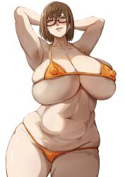 1girl areola_slip armpits arms_behind_head bikini blush breasts brown_eyes brown_hair cleavage covered_erect_nipples embarrassed female_pubic_hair glasses highres huge_breasts lips mature_female navel orange_bikini original plump pubic_hair pubic_hair_peek semi-rimless_eyewear short_hair skindentation solo standing swimsuit toshi_(8868750) under-rim_eyewear white_background