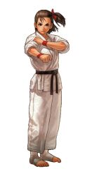 Rule 34 | 1girl, adk, brown eyes, brown hair, closed mouth, female focus, highres, izumo ryoko, judogi, looking at viewer, martial arts belt, matching hair/eyes, neo geo, official art, ogura eisuke, serious, simple background, snk, solo, white background, world heroes, wristband
