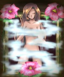 1990s_(style) 1girl border brown_hair chadarnook closed_eyes convenient_censoring female_focus final_fantasy final_fantasy_vi flower kuro_usagi_(duklyon) long_hair nude retro_artstyle solo steam steam_censor very_long_hair water