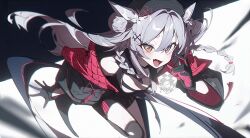 1girl absurdres animal_ear_fluff animal_ears beret black_gloves black_jacket black_shirt black_shorts black_thighhighs braid breasts brown_eyes cleavage_cutout clothing_cutout cube double_bun fang gloves grey_hair hair_bun hair_ornament hat highres jacket kago_(wall_io) leaning_forward long_hair long_sleeves looking_at_viewer multicolored_jacket off_shoulder open_clothes open_jacket open_mouth orange_eyes original shirt shorts skin_fang sleeveless sleeveless_shirt small_breasts smile solo thighhighs twin_braids two-sided_fabric two-sided_jacket two-tone_gloves virtual_youtuber x_hair_ornament yellow_eyes