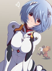 1boy 2girls ayanami_rei blue_hair blush bodysuit breasts brown_hair fleeing fujitaka_nasu hair_between_eyes hairpods heart highres ikari_shinji interface_headset_(evangelion) long_hair looking_at_viewer mecha_pilot_suit medium_breasts multiple_girls neon_genesis_evangelion orange_hair pants plugsuit_(evangelion) red_bodysuit red_eyes running school_uniform shirt short_hair short_sleeves sitting smile souryuu_asuka_langley spoken_heart sweat sweatdrop wariza white_bodysuit white_shirt
