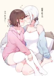 2girls absurdres blue_jacket blush breasts brown_hair camisole commentary_request cushion drawstring grey_eyes heart highres hips_in_air hood hoodie jacket large_breasts multiple_girls original parted_lips pink_eyes pink_hoodie seiza short_hair simple_background sitting smile thighhighs translation_request twintails white_camisole white_hair white_thighhighs yaruyaru_art yellow_background yuri