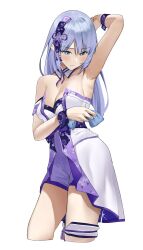 1girl arm_behind_head arm_up armpits bare_shoulders blue_eyes blue_hair blush breasts cleavage closed_mouth dress hair_ornament handkerchief highres holding holding_handkerchief idolmaster idolmaster_million_live! light_blue_hair long_hair looking_down medium_breasts purple_dress saya_endo_(27) shiraishi_tsumugi solo sweat thigh_strap two-tone_dress white_dress wiping wiping_sweat wrist_cuffs