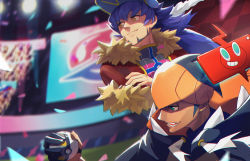 Rule 34 | 2boys, black hair, cape, dark-skinned male, dark skin, fang, gen 4 pokemon, gloves, great ball, green eyes, gym, gym leader, hat, highres, holding, holding poke ball, hood, leon (pokemon), long hair, looking at viewer, male focus, multiple boys, naxu, nintendo, open mouth, orange headwear, poke ball, pokedex, pokemon, pokemon (creature), pokemon swsh, purple hair, raihan (pokemon), rotom, rotom dex, rotom phone, smile, ultra ball