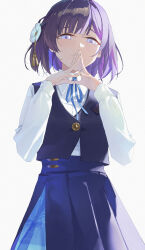 1girl absurdres blue_overskirt blue_ribbon blue_skirt blue_vest commentary gakuen_idolmaster hataya_misuzu highres idolmaster li-mi light_smile long_sleeves looking_at_viewer neck_ribbon own_hands_together pleated_skirt purple_hair ribbon shirt short_hair simple_background skirt skirt_set solo steepled_fingers vest white_background white_shirt