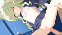 1boy 1girl black_jacket blue_archive blue_skirt closed_mouth clothes_lift commentary_request flat_chest foulo_paints green_hair hetero highres hikari_(blue_archive) imminent_penetration imminent_vaginal jacket large_variant_set loli long_hair navel no_panties open_clothes open_jacket paid_reward_available penis pointy_ears pussy shirt shirt_lift skirt skirt_lift socks solo_focus spread_legs variant_set white_shirt white_socks yellow_eyes