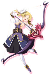 1girl archer_(disgaea) archer_(disgaea)_(cosplay) blonde_hair blush bow breasts cosplay disgaea drill_hair hair_ornament hairpin iwashi_dorobou_-r- large_breasts looking_at_viewer magical_girl mahou_shoujo_madoka_magica mahou_shoujo_madoka_magica_(anime) open_mouth pleated_skirt skirt smile solo tomoe_mami twin_drills weapon yellow_eyes