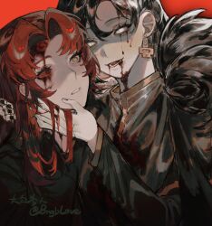 2girls binah_(project_moon) black_coat black_dress black_hair black_shirt bleeding blonde_hair blood blood_on_face bloody_tears bngb_love coat collared_shirt dress earrings fur_trim hand_on_another&#039;s_face highres jewelry kali_(project_moon) lobotomy_corporation long_hair long_sleeves looking_at_another multiple_girls parted_bangs project_moon red_background red_eyes red_hair shirt short_hair sidelocks simple_background upper_body white_eyes yellow_eyes