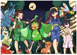 1girl 2boys :d absurdres blue_shirt blue_shorts border brown_hair candy_apple carmine_(pokemon) closed_eyes dipplin fanny_pack festival florian_(pokemon) food gen_1_pokemon gen_2_pokemon green_shirt green_shorts heracross highres ho-oh holding kieran_(pokemon) knees legendary_pokemon mixed-language_commentary moon multiple_boys night nintendo ogerpon open_mouth outdoors pokemon pokemon_(creature) pokemon_sv sandals seb shirt short_hair short_sleeves shorts sky smile snorlax standing star_(sky) toes vulpix white_border yanma yellow_bag