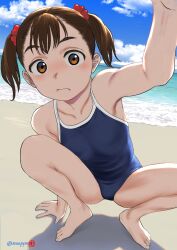 1girl barefoot beach blue_one-piece_swimsuit blue_sky breasts brown_eyes brown_hair cloud day highres horizon mu-pyon ocean one-piece_swimsuit outdoors reaching reaching_towards_viewer school_swimsuit sky small_breasts solo squatting swimsuit twintails