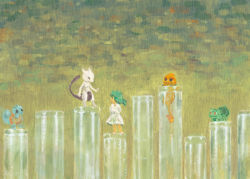 ambertwo_(pokemon) artist_request bulbasaur charmander chibi child dress fire flame-tipped_tail ga-co gen_1_pokemon green_hair legendary_pokemon mewtwo nintendo oversized_object pillar pokemon pokemon:_the_first_movie_-_mewtwo_strikes_back pokemon_(anime) pokemon_(classic_anime) pokemon_(creature) squirtle standing starter_pokemon_trio tail