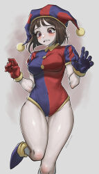 Rule 34 | 1girl, absurdres, alternate costume, artist name, asymmetrical gloves, blue bodysuit, blue eyes, blue footwear, blue gloves, blue headwear, bodysuit, breasts, brown hair, bubi (bin1886), cameltoe, commentary request, embarrassed, frown, gloves, gradient background, hat, highres, humanization, jester, jester cap, jester costume, korean commentary, looking down, medium breasts, medium hair, mismatched gloves, multicolored eyes, navel, pale skin, pomni (the amazing digital circus), puffy short sleeves, puffy sleeves, red bodysuit, red eyes, red gloves, red headwear, ribs, short sleeves, the amazing digital circus, thick thighs, thighs, two-tone bodysuit, two-tone eyes, two-tone headwear