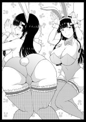 Rule 34 | 1girl, absurdres, bent over, black hair, breasts, deep valley, from behind, fujimiya megumi, highres, inkou kyoushi no saimin seikatsu shidouroku, large breasts, leotard, looking at viewer, looking back, playboy bunny, pussy bulge, rabbit background, rabbit ears, rabbit pose, solo, thighhighs