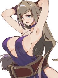 Rule 34 | 1girl, aqua eyes, arm tattoo, armpits, arms behind head, blonde hair, breasts, cleavage, dress, fatal fury, green eyes, highres, b. jenet, large breasts, legs, long hair, looking at viewer, ooiwa (irc14786149), purple dress, smile, solo, tattoo, the king of fighters, thighs