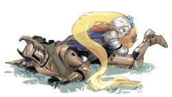 2others 3hkxbot ambiguous_gender armor blue_cape cape cosplay crucible_knight drooling elden_ring fake_horns full_armor gauntlets grass helmet highres horned_helmet horns hugging_another&#039;s_tail lying mouth_drool multiple_others on_stomach raya_lucaria_sorcerer raya_lucaria_sorcerer_(cosplay) simple_background tail hugging_tail tarnished_(elden_ring) white_background