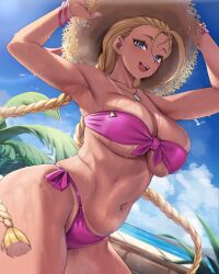 1girl bare_shoulders beach bikini blonde_hair blue_eyes blue_sky blush braid breasts cammy_white cleavage hat highres jewelry large_breasts long_hair looking_at_viewer moisture_(chichi) navel necklace open_mouth pink_bikini shore sky smile solo straw_hat street_fighter street_fighter_6 sweat swimsuit twin_braids very_long_hair
