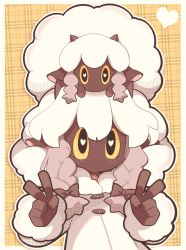 1girl 1other animal_ears dark_skin double_v gen_8_pokemon heart heart-shaped_pupils horns long_hair nintendo personification pokemon pyohato_(nebulamancers) sheep smile symbol-shaped_pupils tagme v white_hair wool wooloo