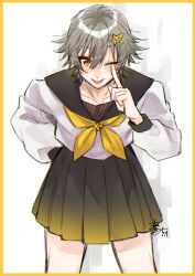 Rule 34 | 1boy, alternate costume, artist name, black skirt, blush, border, caelus (honkai: star rail), collarbone, cowboy shot, crossdressing, grey hair, hair between eyes, hair ornament, hairclip, hand on own hip, hand up, highres, honkai: star rail, honkai (series), index finger raised, ksgck250213, long sleeves, looking at viewer, male focus, neckerchief, one eye closed, pleated skirt, puffy long sleeves, puffy sleeves, sailor collar, school uniform, serafuku, shadow, shirt, short hair, simple background, skirt, smile, solo, standing, star (symbol), star hair ornament, tongue, tongue out, trailblazer (honkai: star rail), white background, white shirt, yellow border, yellow eyes, yellow neckerchief