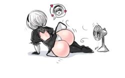 1girl 2b_(nier:automata) ass ass_focus back bare_back between_buttocks black_dress black_gloves black_skirt clothes_lift diadem dress el_quijote electric_fan female_focus gloves grey_hair heart heavy_breathing hidden_eyes huge_ass lying motion_lines nier:automata nier_(series) no_nose open_mouth pear-shaped_body short_hair simple_background skirt skirt_lift solo speech_bubble white_background white_hair wide_hips