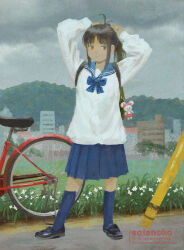 1girl artist_name backpack bag bicycle black_hair black_shoes blue_sailor_collar blue_skirt blue_socks brown_eyes building charm_(object) full_body grass original overcast sailor_collar school_uniform serafuku shoes skirt sky socks solanoko solo standing