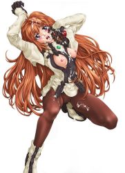 Rule 34 | 1girl, boots, breasts, breasts out, brown pantyhose, cum, cum in mouth, cum on body, cum on breasts, cum on clothes, cum on hair, cum on hands, cum on legs, cum on lower body, cum on stomach, cum on upper body, elhaym van houten, facial, female focus, hair spread out, long hair, looking at viewer, medium breasts, minagi tomo, nipples, open clothes, open shirt, orange hair, pantyhose, shirt, simple background, solo, square enix, squatting, very long hair, xenogears
