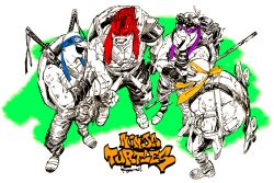 4boys copyright_name donatello_(tmnt) eye_mask from_above full_body green_background kotteri leonardo_(tmnt) male_focus michelangelo_(tmnt) multiple_boys pants profile raphael_(tmnt) simple_background smile sword sword_on_back teenage_mutant_ninja_turtles teenage_mutant_ninja_turtles_(2014) weapon weapon_on_back