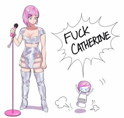Rule 34 | 1girl, animification, ashley o, ashley too, bad id, bad twitter id, black mirror, blue eyes, boots, breasts, cleavage, collarbone, dizim, english text, female focus, high heel boots, high heels, highres, medium breasts, microphone, microphone stand, pink hair, profanity, robot, silver boots, solo, sweat, thigh boots, thighhighs
