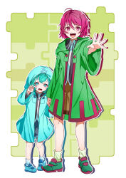 2others absurdres aged_down ahoge ankle_socks aqua_hair black_shirt blue_eyes blue_jacket blue_shoes border brown_shorts buttons child collared_shirt colored_shadow dot_nose green_background green_jacket green_shoes grey_shorts hair_between_eyes highres holding_hands hood hood_down hood_up hooded_jacket jacket len&#039;en light_blush long_sleeves multiple_others open_clothes open_jacket open_mouth outline outside_border outstretched_arm puzzle_piece red_eyes red_hair shadow shirt shitodo_aoji shitodo_hooaka shoes short_hair shorts siblings smile sneakers socks standing white_border white_outline white_socks wide_sleeves yoni. zipper zipper_pull_tab