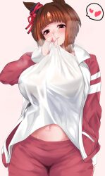 Rule 34 | 1girl, animal ears, blush, breasts, brown hair, clothes lift, cowboy shot, ear ornament, gym uniform, hand in pocket, heart, highres, hisagi (hisagi00), horse ears, horse girl, horse tail, jacket, large breasts, long sleeves, midriff, multicolored hair, navel, open clothes, open jacket, pink background, red eyes, red jacket, shirt, shirt lift, short hair, simple background, smile, solo, spoken heart, steaming body, streaked hair, sweat, tail, transcend (umamusume), umamusume, white hair, white shirt