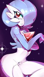 Rule 34 | alternate color, blue hair, blue skin, bob cut, colored skin, dress, gardevoir, gen 3 pokemon, hair over one eye, highres, jun-kou, looking at viewer, multicolored skin, nintendo, parted lips, pokemon, pokemon (creature), red eyes, shiny pokemon, sparkle, two-tone skin, white dress, white skin