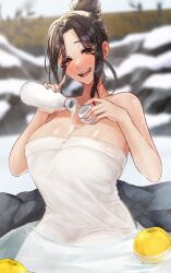 1girl alcohol bare_shoulders bath bathing blush bottle breasts brown_hair bust_cup cleavage collarbone covering_privates cup hair_over_one_eye highres holding large_breasts long_hair looking_at_viewer mature_female mole mole_on_neck naked_towel nekotokage nijisanji nude_cover onsen open_mouth orange_eyes partially_submerged pouring pouring_onto_self rock sake sake_bottle shirayuki_tomoe sitting smile solo towel virtual_youtuber water wet wet_towel