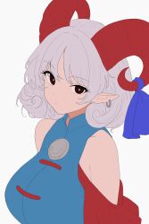 1girl absurdres alternate_breast_size bare_shoulders blue_ribbon breasts brown_eyes curly_hair earrings goat_horns grey_hair highres horn_ornament horn_ribbon horns jewelry large_breasts looking_at_viewer moriforest1040 pointy_ears red_horns ribbon single_earring touhou toutetsu_yuuma upper_body