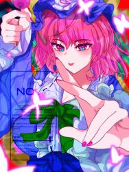 absurdres blue_kimono breasts bug butterfly cherry_blossoms colorful frilled_kimono frills hat highres hirwannew hitodama insect japanese_clothes kimono large_breasts mob_cap perfect_cherry_blossom pink_eyes pink_hair saigyouji_yuyuko sleeve_garter touhou triangular_headpiece