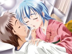 1girl blue_hair closed_eyes game_cg kiss maruto! short_hair watashi_ni_konya_ai_ni_kite yuuki_tsugumi