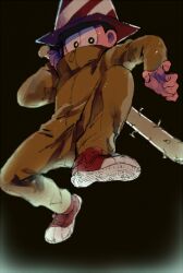 1boy black_background black_eyes black_hair blunt_bangs bright_pupils club_(weapon) commentary_request covered_mouth fingernails full_body glowing glowing_eyes holding holding_club holding_weapon incoming_attack jumping jumpsuit kanatsuki long_sleeves looking_at_viewer male_focus matsuno_jyushimatsu nail_(hardware) osomatsu-san osomatsu_(series) over_shoulder red_shoes shoes short_hair sneakers solo traffic_cone_on_head turtleneck_jumpsuit weapon weapon_over_shoulder yellow_jumpsuit yellow_pupils zipper zipper_pull_tab