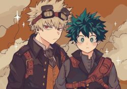 2boys ascot bakugou_katsuki belt belt_buckle black_ascot black_jacket black_vest blonde_hair boku_no_hero_academia brown_belt buckle chest_harness closed_mouth cloud collared_jacket commentary_request dot_nose freckles frown goggles goggles_on_head green_eyes green_hair grey_shirt harness ice_0377 jacket long_sleeves looking_to_the_side male_focus midoriya_izuku multiple_boys official_alternate_costume open_clothes open_jacket orange_vest parted_bangs red_eyes sanpaku shirt short_hair shoulder_belt sideways_glance sparkle steampunk upper_body vest wing_collar