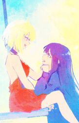 2girls absurdres backless_dress backless_outfit black_choker black_hair blonde_hair blue_jacket character_request check_character choker dress hand_on_another&#039;s_head highres inoue_takina jacket long_hair lycoris_recoil medium_hair multiple_girls nishikigi_chisato open_mouth red_dress rnna sitting yuri