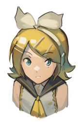 Rule 34 | 1girl, blonde hair, cropped torso, hairband, kagamine rin, kornod, light smile, medium hair, sleeveless, solo, straight-on, vest, voiceroid, white background, white hairband, white vest