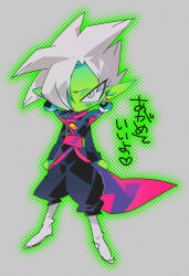 Rule 34 | 1boy, black bodysuit, black pants, bodysuit, boots, colored skin, deformed, dragon ball, dragon ball super, earrings, fused zamasu, green skin, grey eyes, highres, japanese text, jewelry, long sleeves, no mouth, pants, pointy ears, potara earrings, red sash, sash, solo, spiked hair, suzuka g, white footwear, white hair