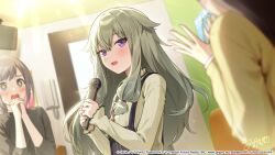 3girls akabino amplifier black_shirt blue_eyes blush brown_hair commentary_request copyright_name door dress frilled_sleeves frills green_hair green_sweater hair_flaps holding holding_microphone kusanagi_nene looking_at_viewer low-tied_sidelocks microphone multiple_girls official_art open_mouth phone pinafore_dress project_sekai purple_eyes ribbed_sweater shirt sidelocks sleeveless sleeveless_dress star_(symbol) star_in_eye sweater symbol_in_eye upper_body yellow_shirt